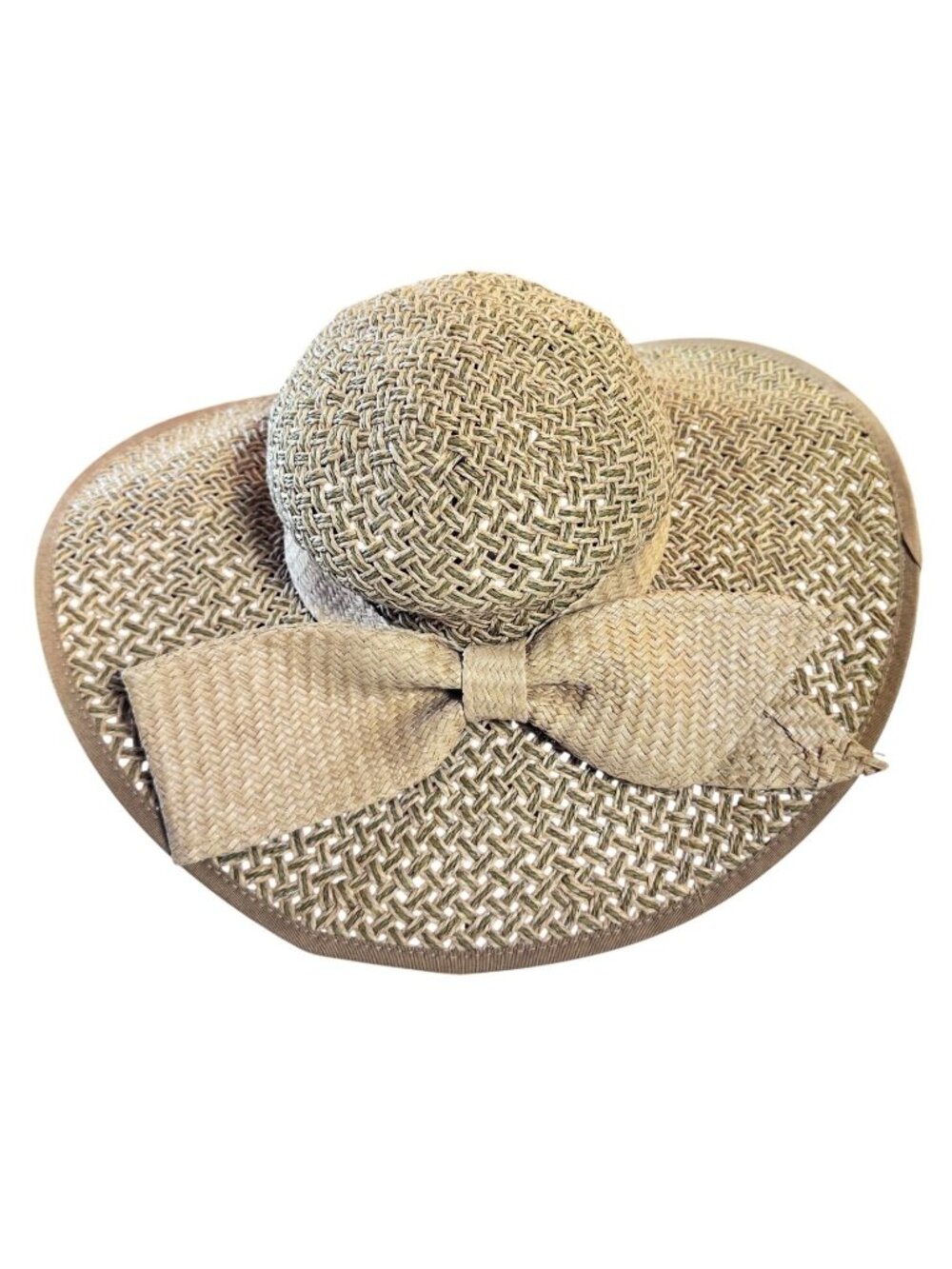 Vintage Women Wide Brim Paper Straw Sun Hat Bow Beige Summer Beach 57cm